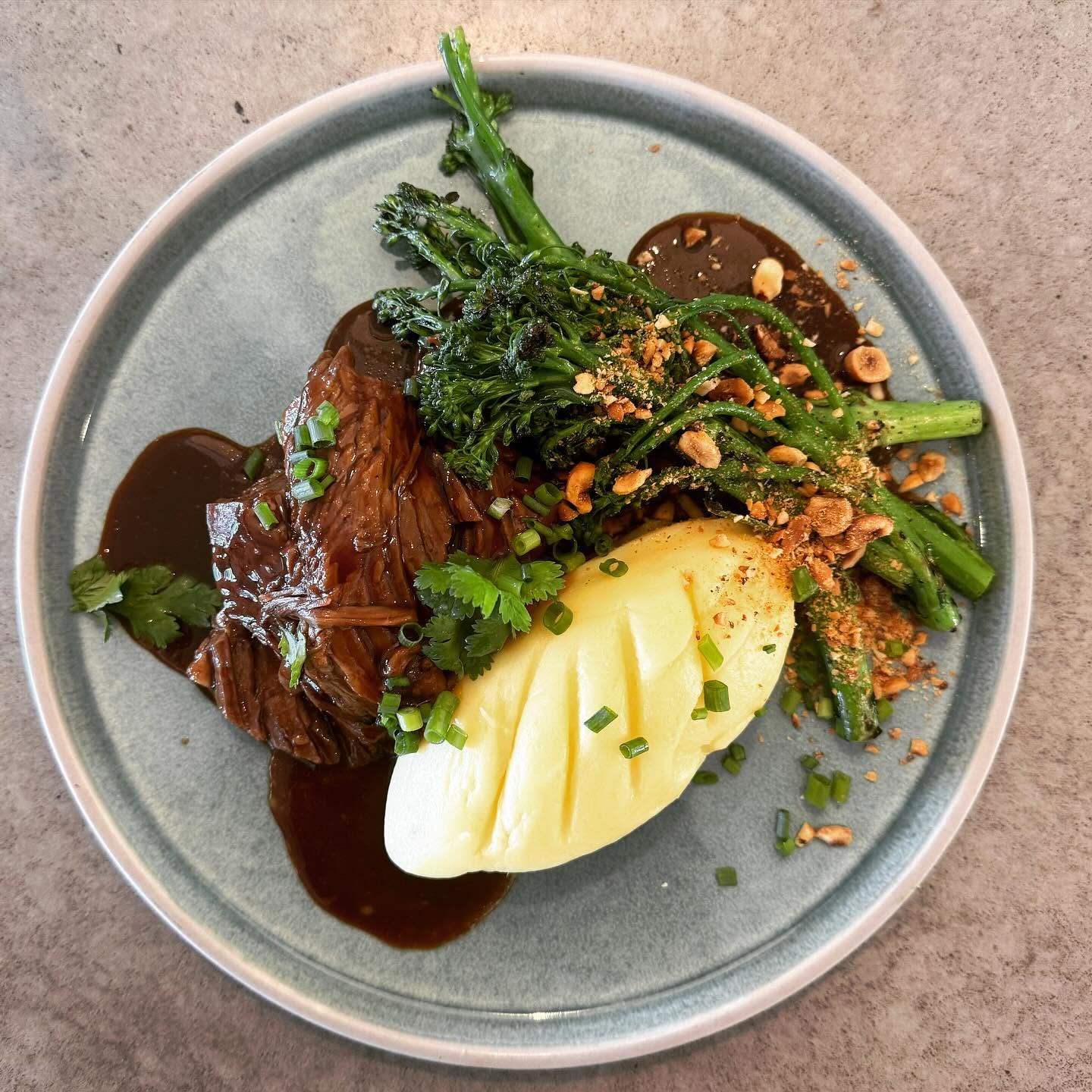 Braised beef with broccolini